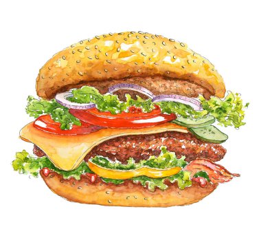 Suluboya burger. Biftek, peynir, pastırma, salata ve sebzeli sığır burger. El yapımı fast food. Parlak suluboya lekeleri. Boyama dokusu