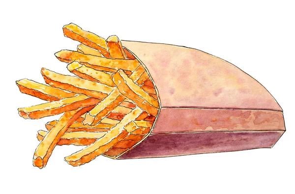 Aquarell Pommes Skizze Von Braten Kartoffeln Handgezeichnetes Fast Food Design — Stockfoto