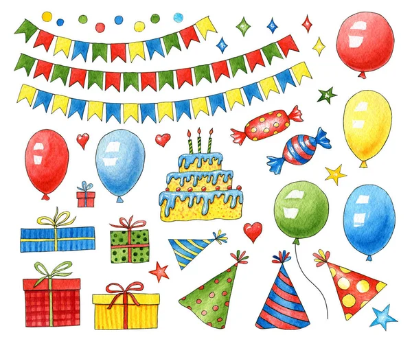 Set Elementos Cumpleaños Acuarela Para Tarjeta Felicitación Fondo Postal Invitación —  Fotos de Stock