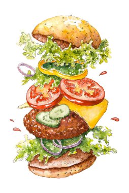 Suluboya uçan burger. Biftek, peynir, pastırma, salata ve sebzeli sığır burger. El yapımı fast food. Parlak suluboya lekeleri. Boyama dokusu