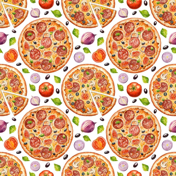 Watercolor seamless pattern with Italian pizza. Hand drawn fast food. Design for pizzeria, cafe and restaurant. Illustration for menu. Template, background, ornament