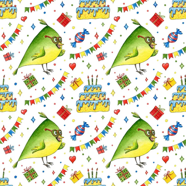Birthday seamless pattern with bird, gifts, cake and flags. Watercolor cartoon hero for party. Hand drawn  background. Cute character. Illustration for  greeting card, wallpaper. Textile print
