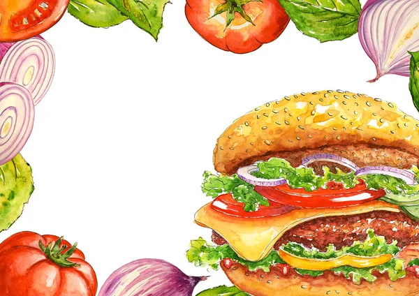Aquarell Burger Mit Pflanzlichem Hintergrund Rindfleisch Hamburger Mit Steak Käse — Stockfoto