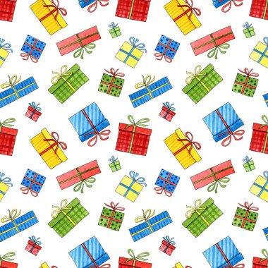 Tebrik kartı, geçmiş, kartpostal, davetiye, kapak, duvar kağıdı için suluboya hediyeli kusursuz doğum günü şablonu. Tatil ve parti için el çizimi şirin hediyeler. Tekstil baskısı 