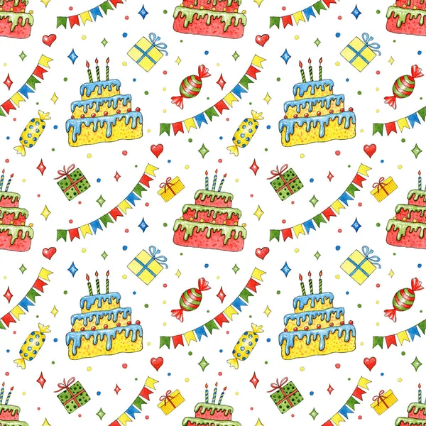 Birthday Seamless Pattern Watercolor Cakes Greeting Card Background Postcard Invitation — Stock Photo, Image