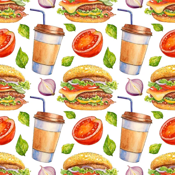 Watercolor Seamless Pattern Burger Drink Hand Drawn Fast Food Design — Stock Photo, Image