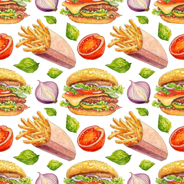Aquarell Nahtloses Muster Mit Burger Und Pommes Handgezeichnetes Fast Food — Stockfoto
