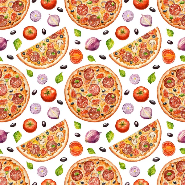 Watercolor seamless pattern with Italian pizza. Hand drawn fast food. Illustration for menu. Design for pizzeria, cafe and restaurant. Wallpaper, template, background, ornament