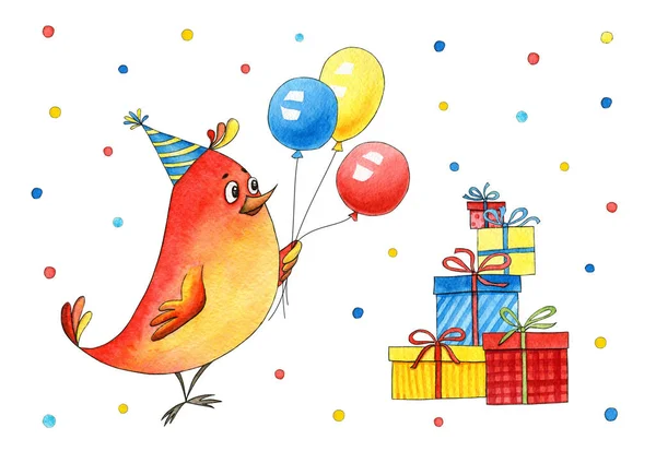 Birthday postcard with bird, gifts and air balloon. Watercolor cartoon hero for party. Cute character for background, cover, postcard, invitation. Hand drawn illustration.  Greeting card, congratulation