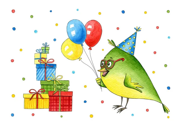 Birthday Postcard Bird Gifts Air Balloon Watercolor Cartoon Hero Party — Stock Photo, Image