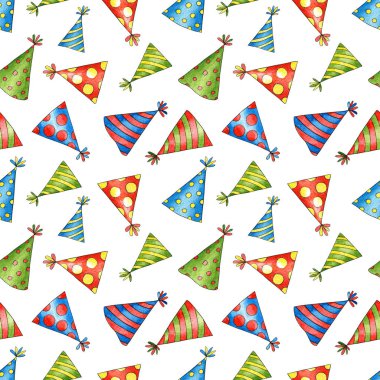 Tebrik kartı, geçmiş, kartpostal, davetiye, kapak, duvar kağıdı için suluboya kapaklı doğum günü şablonu. Tatil için el çizimi şirin şapkalar, parti. Tekstil baskısı 