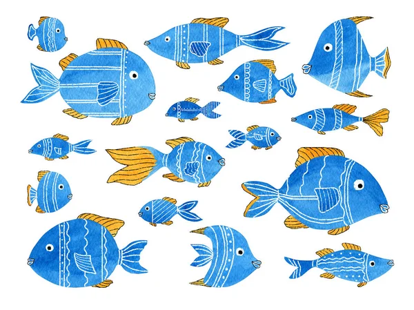 Set of watercolor fish for background, postcard, cover, wallpaper, flyer, banner. Hand drawn cute inhabitants of the sea for holiday, party. Cartoon collection marine life for design