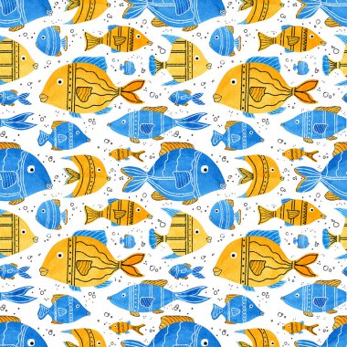 Arka plan, kartpostal, kapak, duvar kağıdı ve afiş için suluboya balıklı kusursuz desen. Tatil ve parti için denizin şirin sakinleri. Tekstil baskısı. Tasarım için karikatür deniz yaşamı