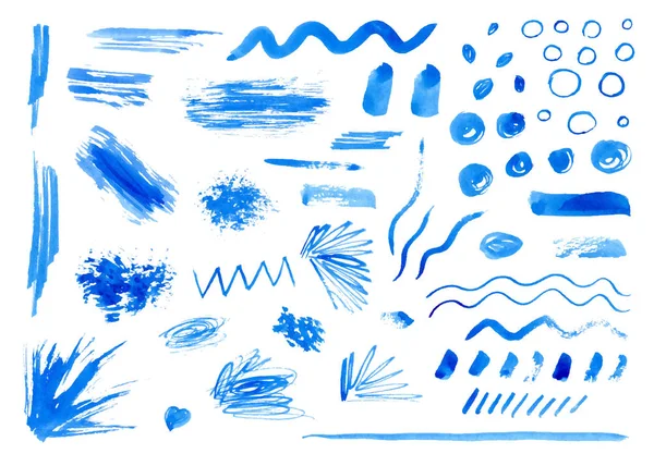 Set von handgezeichneten Aquarellklecksen, Linien, Pinselstrichen, Pinseln. Kunstvolle Gestaltungselemente. Doodle-Stil. — Stockvektor