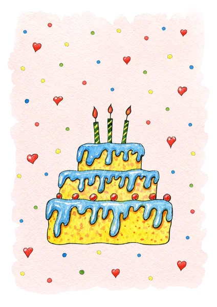 Birthday Postcard Cake Hearts Watercolor Cartoon Elements Party Hand Drawn — Stock Photo, Image