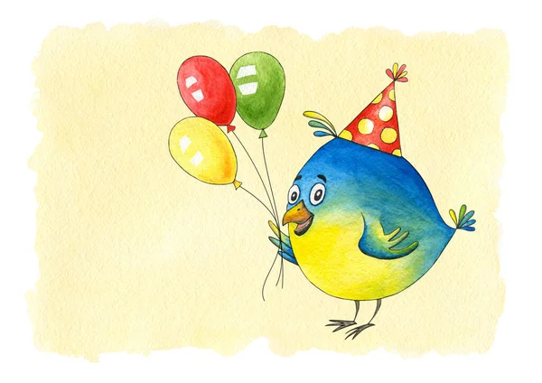 Birthday Postcard Bird Air Balloon Watercolor Cartoon Hero Party Cute — Stock Photo, Image