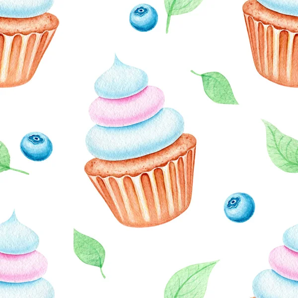 Seamless Pattern Watercolor Cupcakes Bright Sweets Birthday Postcard Greeting Card — Stock Photo, Image