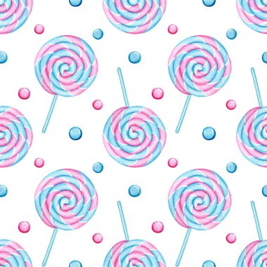 Suluboya lolipopla kusursuz desen. Doğum günü kartpostalı için parlak şekerler, tebrik kartı. Tatil ve parti için arka plan. Tekstil baskısı. Kafe için yemek ve sanatsal tasarım. Serbest çizim