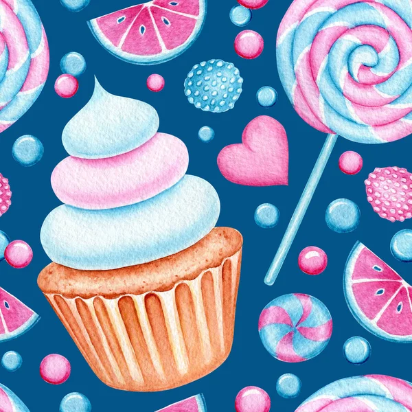 Nahtloses Muster Mit Aquarell Cupcakes Und Lutscher Bunte Süßigkeiten Zum — Stockfoto