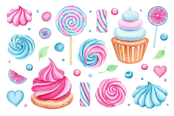 Set Watercolor Candies Cupcake Lollipop Bright Sweets Birthday Postcard Greeting — Stock Photo, Image