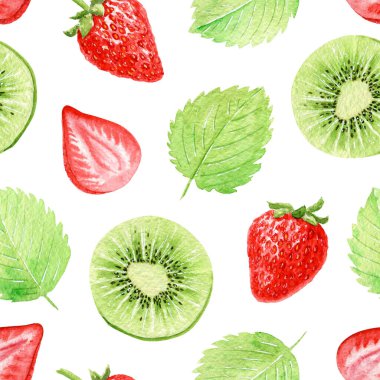 Tertemiz desenli suluboya olgun çilek, yapraklar, kivi. Doğum günü kartpostalı için parlak yaz meyveleri ve meyveler, tebrik kartı, arka plan. Tatil ve parti için tatlı. El çizimi çizimi. Tekstil baskısı. Gıda ile sanatsal tasarım