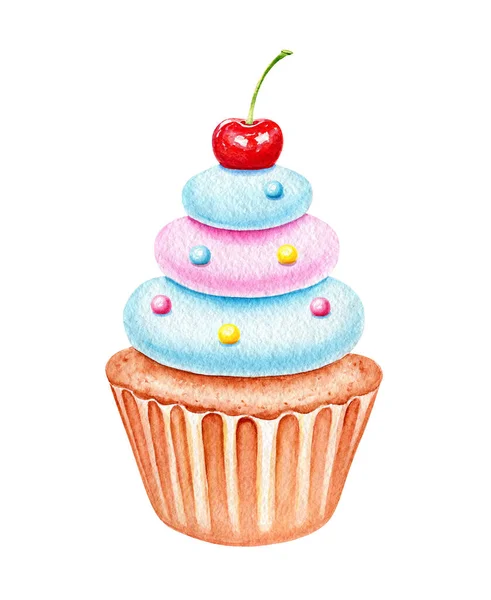 Watercolor Cupcake Berries Sweet Birthday Postcard Greeting Card Dessert Holiday — Stock Photo, Image