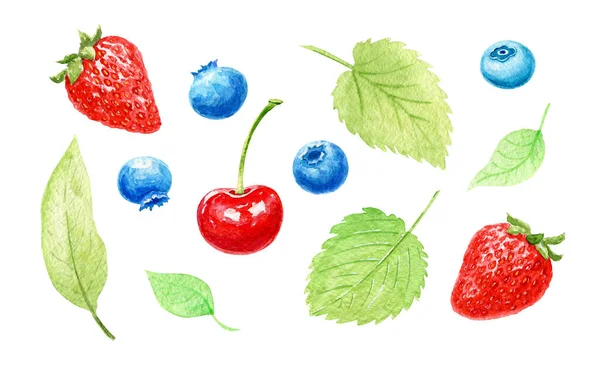 Set Watercolor Ripe Strawberry Cherry Blueberries Bilberry Leaves Bright Summer — Stock Photo, Image