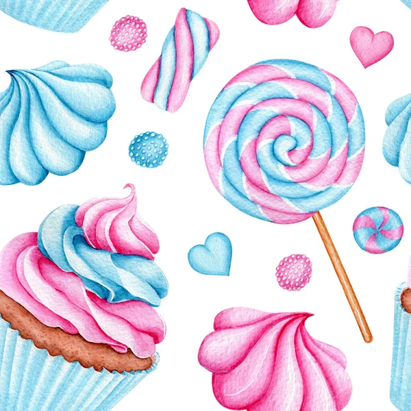 Seamless Pattern Watercolor Cupcakes Lollipop Bright Sweets Birthday Postcard Greeting — Stock Photo, Image