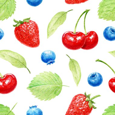 Tertemiz desenli suluboya olgun çilek, kiraz, yabanmersini, yapraklı. Doğum günü kartpostalı için parlak yaz meyveleri, tebrik kartı. Tatil ve parti için arka plan. Tekstil baskısı