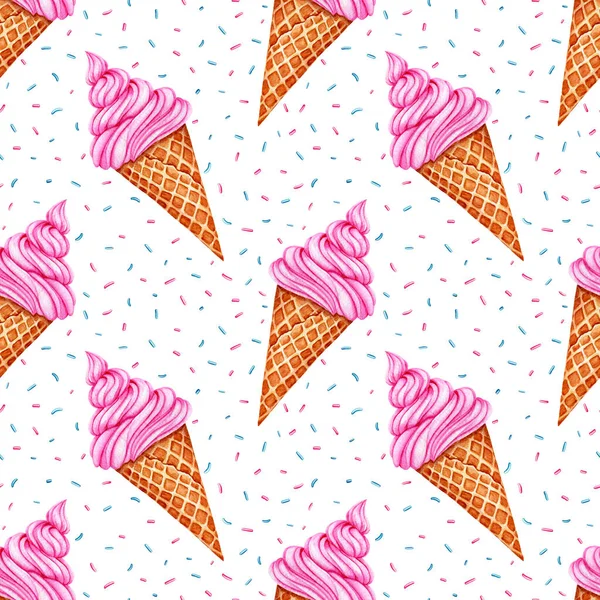 Seamless Pattern Watercolor Ice Cream Bright Sweets Birthday Postcard Greeting — Stock Photo, Image