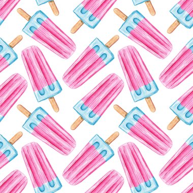 Suluboya dondurmalı kusursuz desen. Doğum günü kartpostalı için parlak şekerler, tebrik kartı. Tatil ve parti için arka plan. Tekstil baskısı. Kafe için yemek ve sanatsal tasarım. Serbest çizim