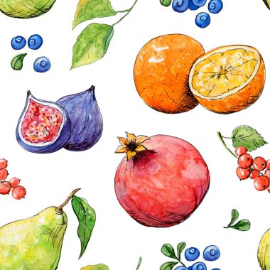Sulu boyalı, olgun meyveli, böğürtlenli kusursuz desen. Parlak yaz portakalı, yabanmersini, armut, incir, armut, tatil ve parti için yapraklar, doğum günü kartı, tebrik kartı, geçmiş. El çizimi çizimi. Gıda ile sanatsal tasarım. 
