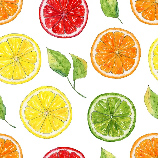 Modèle Sans Couture Avec Aquarelle Fruits Mûrs Agrumes Lumineux Été — Photo