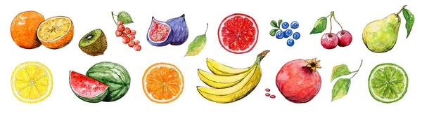 Uppsättning Akvarell Mogna Frukter Bär Ljus Sommar Apelsin Vattenmelon Bananer — Stockfoto