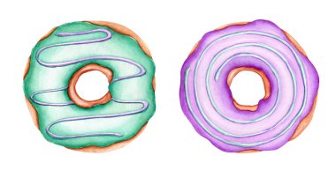Suluboya çörekler. Doğum günü kartpostalı için parlak şekerler, tebrik kartı. Tatil ve parti için tatlı. El çizimi çizimi. Kafe için yemek ve sanatsal tasarım. Serbest çizim.