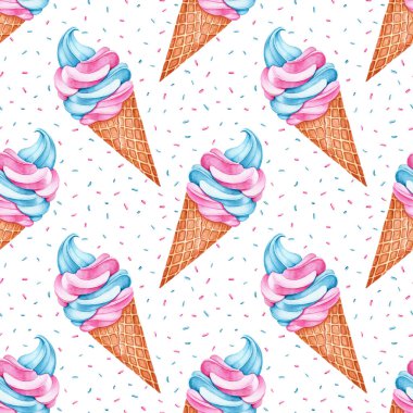 Suluboya dondurmalı kusursuz desen. Doğum günü kartpostalı için parlak şekerler, tebrik kartı. Tatil ve parti için arka plan. Tekstil baskısı. Kafe için yemek ve sanatsal tasarım. Serbest çizim