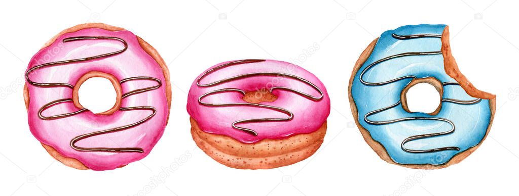 Set of Watercolor donuts. Bright Sweets for Birthday postcard, Greeting card. Dessert for holiday and party. Hand drawn illustration. Artistic design with food  for cafe. Freehand drawing