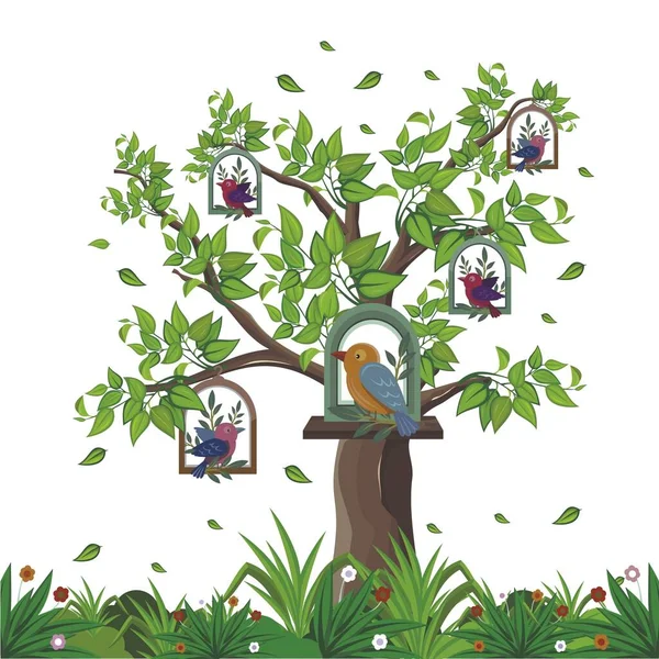 児童書の挿絵のための鳥や木の家 — ストックベクタ