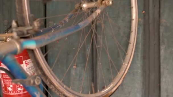 Bicicleta abandonada vieja colgada con plantas y chatarra