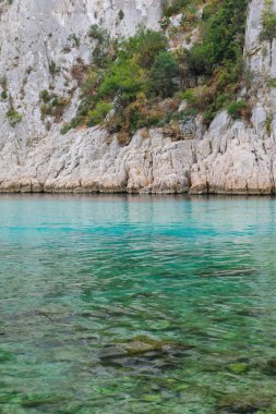 Calanques Ulusal Parkı 'nda turkuaz suyu ve kayalık kayalıkları olan güzel bir sahil..