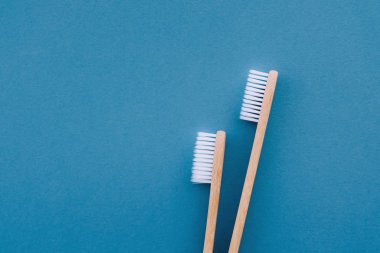 Mavi arka planda ahşap bambu saplı doğal çevre dostu diş fırçaları..