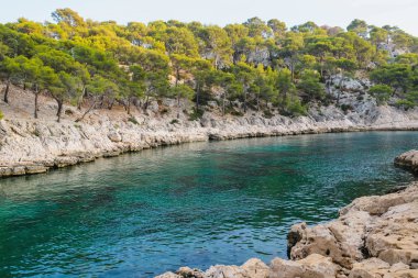 Turkuaz su yüzeyi ve Calanques Ulusal Parkı 'ndaki kayalık uçurumlarla güzel bir manzara..