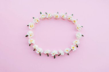 Pastel pembe arka planda güzel beyaz nergis çiçeklerinden yapılmış çiçek çerçevesi, üst manzara. Uzayı kopyala Düz yatıyordu. Bahar çiçekleri. Mutlu Paskalyalar. Düğün davetiyesi.