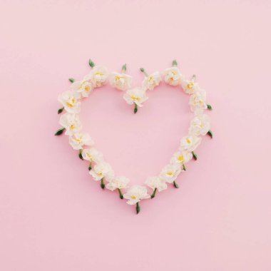 Çiçekli kalp, pastel pembe arka planda taze nergis çiçeklerinden yapılmıştır. Uzayı kopyala Düz yatış stili. Aşk konsepti. Bahar çiçekleri. Mutlu Paskalyalar, Anneler Günü, Sevgililer Günü, Düğün.