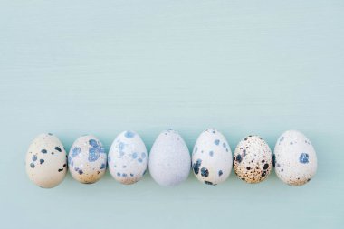 Mutlu Paskalyalar. Pastel açık mavi arka planda güzel renkli bıldırcın yumurtaları, yakın plan, üst manzara. Metin için boşluk, düz yatış tarzı. Minimum Paskalya kompozisyonu. İlkbahar.