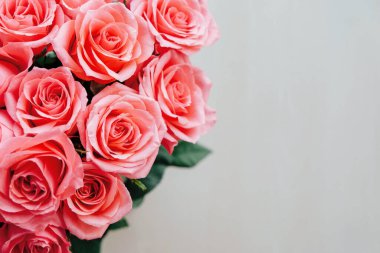 Beyaz arka planda çiçek açmış güzel pembe güller, yaklaşın. Bir buket çiçek. Uzayı kopyala Üst manzara, düz yatış. Sevgililer Günü ya da Anneler Günü, aşk konsepti.