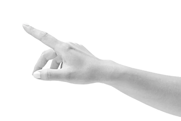 Жіноча рука штовхає віртуальну кнопку — стокове фото