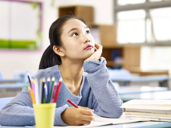 Asiatiska grundskola student tänkande i klassrummet — Stockfoto