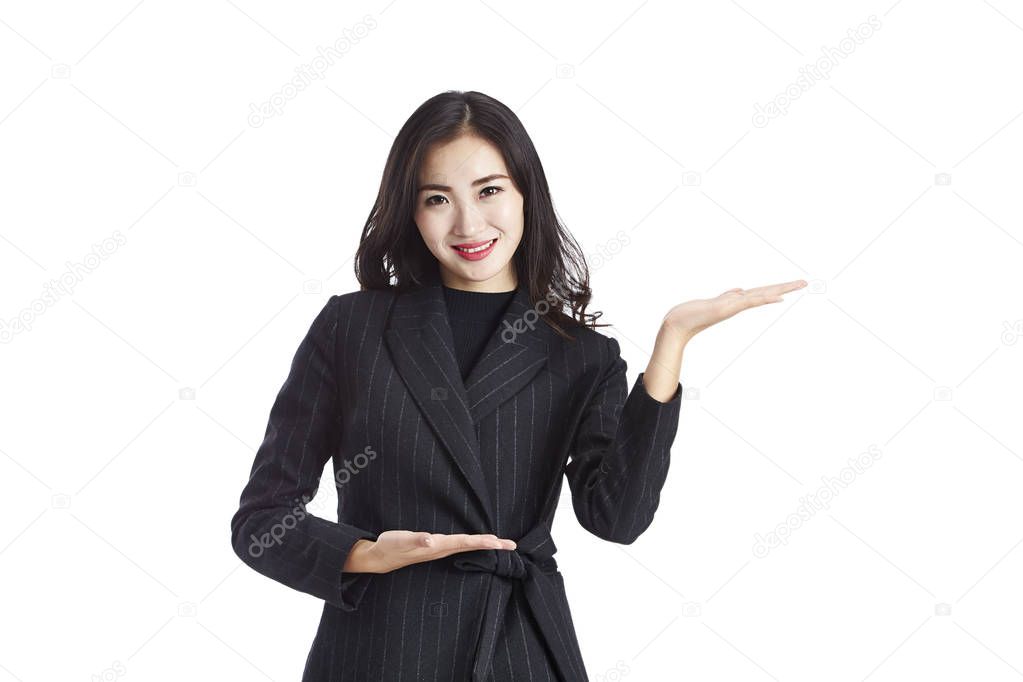 asian business woman showing and presenting something