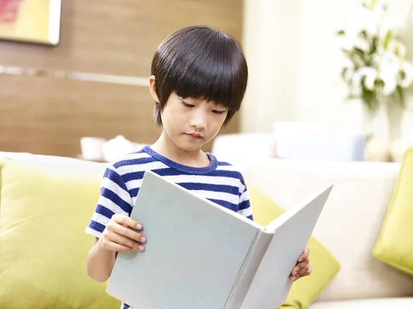 Asiático pequeño niño leyendo libro en casa —  Fotos de Stock
